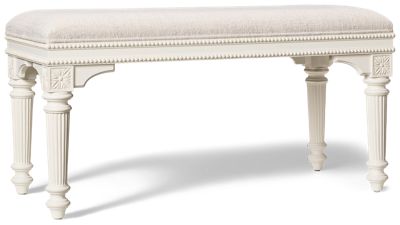 Elsa Bench - Soft White Finish - Upholstered Seat - Turned Fluted Legs - Vintage Inspired