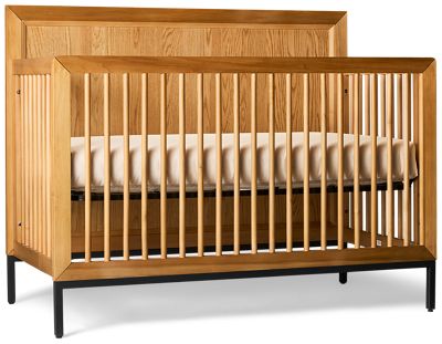 Newport Panel Convertible Crib - Solid Asian Hardwood - Slatted Sides - Sturdy Black Metal Base - 3 Adjustable Height Settings