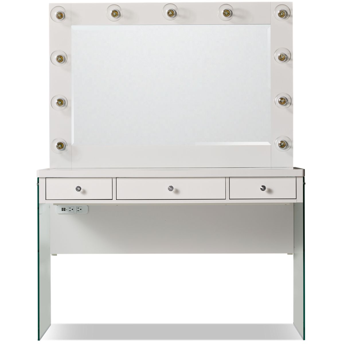 Elements Jacey Vanity & Mirror - Chic Multifunctional Design - Frosted Glass Top - Lighted Vanity Mirror - Three Storage Drawers - Power Outlet