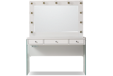 Jacey Vanity & Mirror - Chic Multifunctional Design - Frosted Glass Top - Lighted Vanity Mirror - Three Storage Drawers - Power Outlet