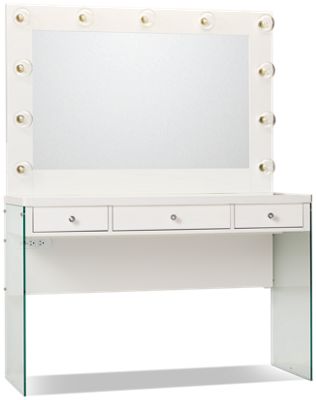 Jacey Vanity & Mirror - Chic Multifunctional Design - Frosted Glass Top - Lighted Vanity Mirror - Three Storage Drawers - Power Outlet