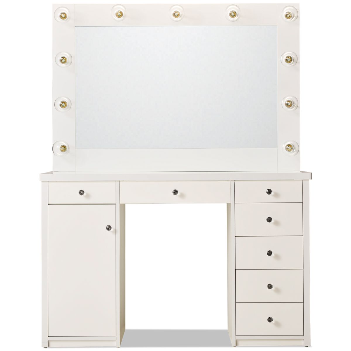 Elements Amia Vanity & Mirror - Chic Multifunctional Design - Frosted Glass Top - Lighted Vanity Mirror - Seven Storage Drawers - Power Outlet