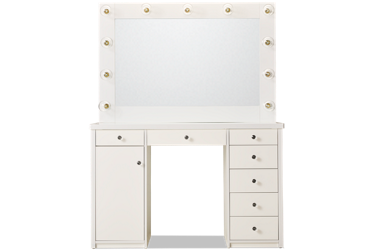 Amia Vanity & Mirror - Chic Multifunctional Design - Frosted Glass Top - Lighted Vanity Mirror - Seven Storage Drawers - Power Outlet