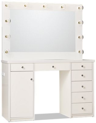 Amia Vanity & Mirror - Chic Multifunctional Design - Frosted Glass Top - Lighted Vanity Mirror - Seven Storage Drawers - Power Outlet