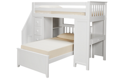 Maxwood Furniture Chester Twin Loft Beds with Dresser, Desk and Bookcase