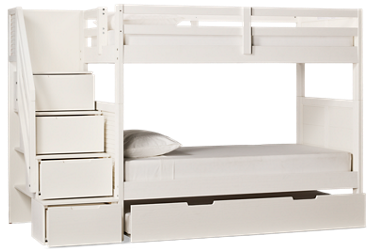 Coastal Twin Over Twin Bunk Bed with Trundle - Storage Staircase - Solid Pine - Louvered Sides - Guard Rails - Modern Coastal Charm