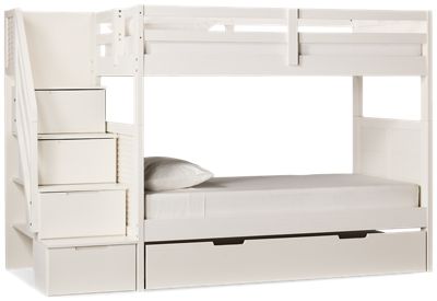 Coastal Twin Over Twin Bunk Bed with Trundle - Storage Staircase - Solid Pine - Louvered Sides - Guard Rails - Modern Coastal Charm