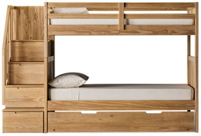 Sandstone Twin Over Twin Bunk Bed - Storage Staircase - Trundle - Safety Guard Rails - Versatile Finish