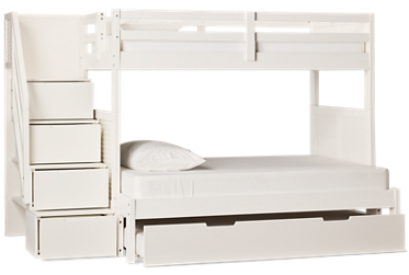 Coastal Twin Over Full Bunk Bed with Trundle - Storage Staircase - Solid Pine Construction - Louvered Sides - Guard Rails - Modern Coastal Charm