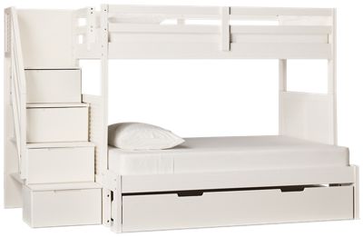 Coastal Twin Over Full Bunk Bed with Trundle - Storage Staircase - Solid Pine Construction - Louvered Sides - Guard Rails - Modern Coastal Charm