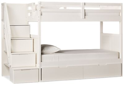 Coastal Twin Over Twin Bunk Bed with Underbed Storage - Storage Staircase - Solid Pine - Louvered Sides - Guard Rails - Modern Coastal Charm