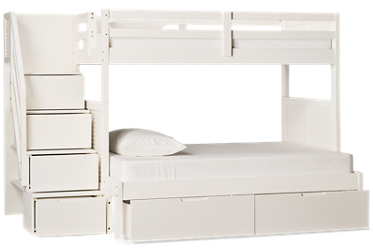 Coastal Twin Over Full Bunk Bed - Underbed Storage - Solid Pine - Louvered Sides - Storage Staircase - Guard Rails - Modern Coastal Charm