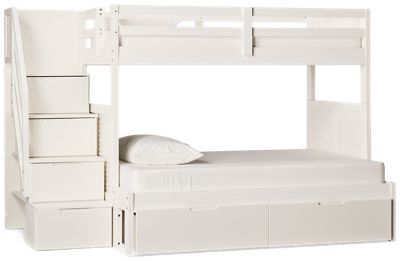 Coastal Twin Over Full Bunk Bed - Underbed Storage - Solid Pine - Louvered Sides - Storage Staircase - Guard Rails - Modern Coastal Charm