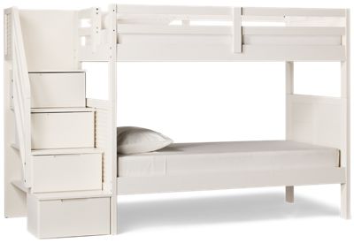 Coastal Twin Over Twin Bunk Bed - Storage Staircase - Solid Pine - Louvered Sides -  Guard Rails - Modern Coastal Charm
