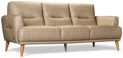 Kenmore Leather Sofa - Top-Grain Corrected Leather - Flared Track Arms - Tufted Back and Seat Cushions - Scandinavian Inspired