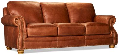 Balmoral Leather Sofa - Top-Grain Leather - Rolled Arms - Turned Bun Feet - Nailhead Trim - Classic Design