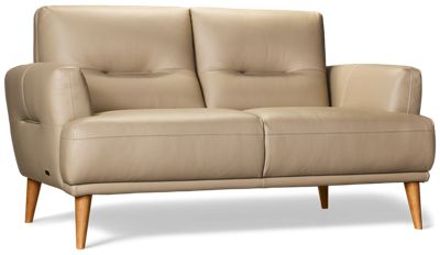 Kenmore Leather Loveseat - Top-Grain Corrected Leather - Flared Track Arms - Tufted Back and Seat Cushions - Scandinavian Inspired