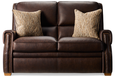 Kent Loveseat - Top-Grain Corrected Leather - Nailhead Trim - Padded Arms - Two Coordinating Toss Pillows
