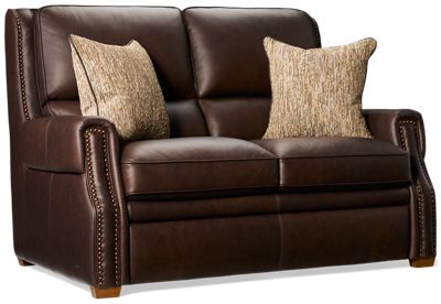 Kent Loveseat - Top-Grain Corrected Leather - Nailhead Trim - Padded Arms - Two Coordinating Toss Pillows