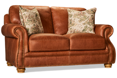 Balmoral Loveseat - Top-Grain Leather - Rolled Arms - Nailhead Trim - Two Coordinating Toss Pillows - Down Blend Cushions