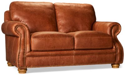 Balmoral Loveseat - Top-Grain Leather - Rolled Arms - Nailhead Trim - Two Coordinating Toss Pillows - Down Blend Cushions