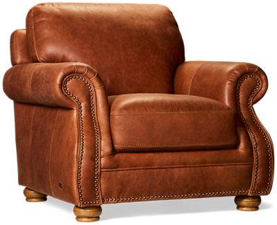 Balmoral Leather Chair - Top Grain Corrected Leather - Nailhead Trim - Coordinating Toss Pillow - Classic Design
