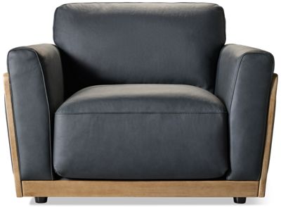Madeira Leather Chair - Top-Grain Leather - Plush Back Cushion - Flared Track Arms - Light Wood Frame