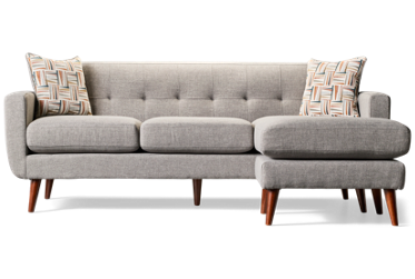 Gracie Sofa Chaise - Soft Textured Fabric - Mid-Century Modern - Track Arms - Tufted Backrest - Cushy Seats - Two Toss Pillows Included