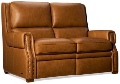 Kent Dual Power Loveseat Recliner - Top-Grain Leather - Tilt Power Headrest - Nailhead Trim - Zero Wall Clearance