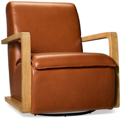 Ridge Leather Accent Swivel Chair - Top-Grain Leather - Exposed Wooden Frame - Transitional Comfort