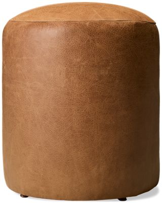 Leo Leather Accent 17" Round Ottoman - Cylindrical Silhouette - Domed Top Comfort - Top Grain Aniline