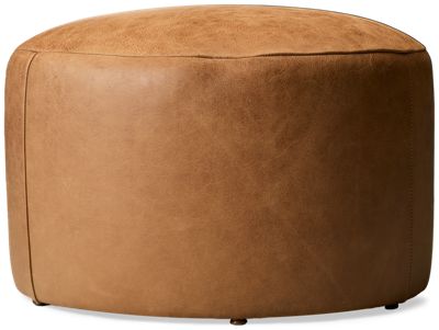 Leo Leather Accent 25" Round Ottoman - Cylindrical Silhouette - Domed Top Comfort - Top Grain Aniline