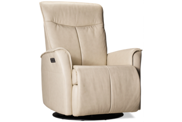 Zero Stress Dapper Leather Power Glider Recliner - 360 Degree Swivel - Tilt Power Headrest - Lumbar Support - Heat