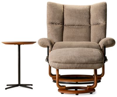 Turku Swivel Chair, Ottoman & Table - Curved Tufted Backrest - 360-Degree Swivel - Angled Ottoman for Foot Comfort - Round Side Table