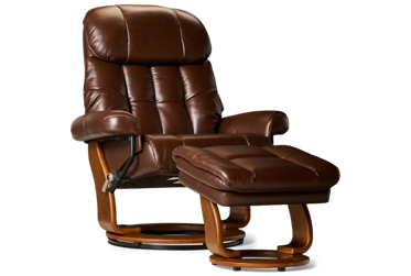 Copenhagen Leather Swivel Chair & Storage Ottoman - Cozy Tufted Backrest - Padded Arms - Angled Ottoman Design