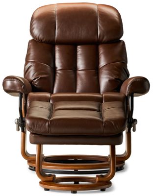 Copenhagen Leather Swivel Chair & Storage Ottoman - Cozy Tufted Backrest - Padded Arms - Angled Ottoman Design