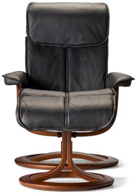 Zero Stress Calm Leather Swivel Reclining Chair & Ottoman - Tufted Backrest - Padded Arms - Extendable Headrest - Medium Size