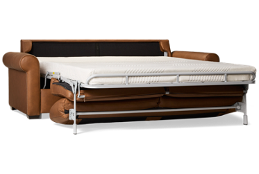 Crash Pad Leather Queen Sofa Bed - Rolled Arms - Top Grain Leather - Contemporary Sleeper - Memory Foam Mattress