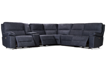 Denim 6 Piece Power Reclining Sectional with 3 Recliners with Tilt Headrest and Console