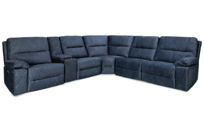 Denim 6 Piece Power Reclining Sectional with 3 Recliners with Tilt Headrest and Console