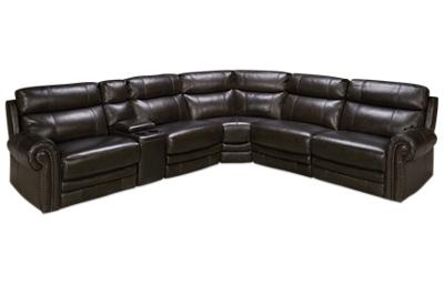 Boddington 2 Leather Power 6 Piece Reclining Sectional with 3 Recliners with Tilt Headrest, Console and Nailhead