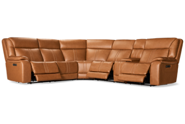 Game Time 6 Piece Leather Power Reclining Sectional - 3 Recliners - Tilt Power Headrest - Heat - Lumbar - Massage - Vibration - Console - Immersive Audio Speakers