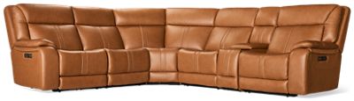 Game Time 6 Piece Leather Power Reclining Sectional - 3 Recliners - Tilt Power Headrest - Heat - Lumbar - Massage - Vibration - Console - Immersive Audio Speakers