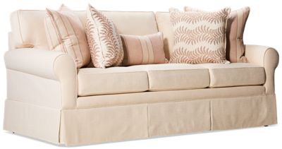 Sarasota Sofa - Durable Sunbrella Fabric - Rolled Arms - Skirted Hem - Five Coordinating Pillows - Traditional Comfort