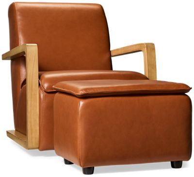 Ridge Leather Accent Swivel Chair & Ottoman - Top-Grain Leather - Exposed Wooden Frame - Matching Ottoman