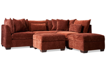 Puzzle 6 Piece Sectional - L-Shaped Lounger - Storage Ottomans - Modular System - Plush Cushions - Angled Track Armrests - Toss Pillows - Soft Chenille Fabric