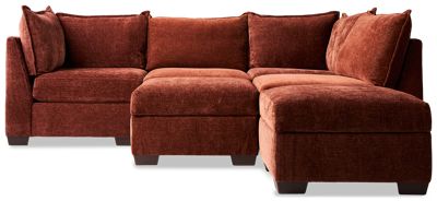 Puzzle 6 Piece Sectional - L-Shaped Lounger - Storage Ottomans - Modular System - Plush Cushions - Angled Track Armrests - Toss Pillows - Soft Chenille Fabric