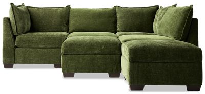 Puzzle 6 Piece Sectional - L-Shaped Lounger - Storage Ottomans - Modular System - Plush Cushions - Angled Track Armrests - Toss Pillows - Soft Chenille Fabric