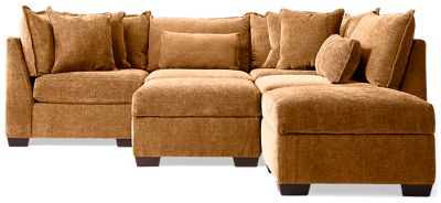 Puzzle 6 Piece Sectional - L-Shaped Lounger - Storage Ottomans - Modular System - Plush Cushions - Angled Track Armrests - Toss Pillows - Soft Chenille Fabric