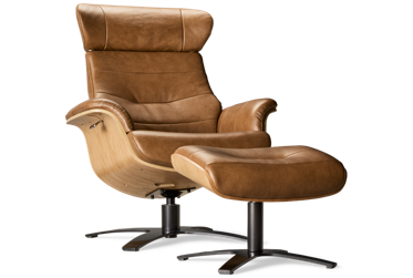 Karma Leather Swivel Chair & Ottoman - Molded Wood Frame - Metal Base - Adjustable Reclining